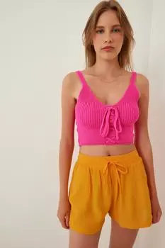 Женская розовая укороченная блузка из трикотажа с зигзагообразным узором Happiness stanbul, розовый