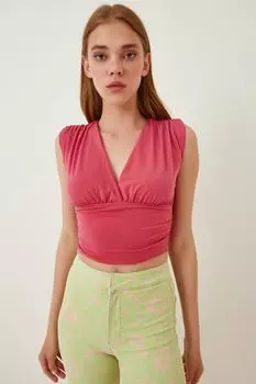 Женская розовая укороченная блузка песочного цвета с глубоким v-образным вырезом Happiness stanbul, розовый