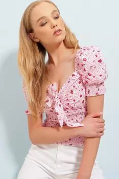 Женская розовая укороченная блузка с цветочным узором и воротником-стойкой, рукавами принцессы и укороченной блузкой с кружевом спереди ALC-X8497 Trend Alaat Stili, розовый