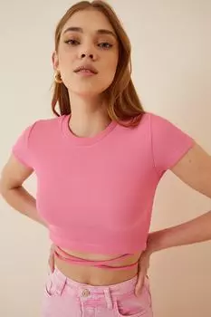 Женская розовая вельветовая укороченная блузка с завязками Happiness stanbul, розовый