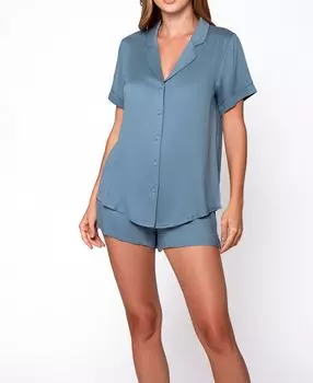 Женская рубашка bree modal с пуговицами спереди и воротником с узлом и шорты с эластичной резинкой на талии, комплект из 2 предметов iCollection, синий