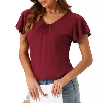 Женская рубашка для сна, футболка с коротким рукавом, мягкие трикотажные пижамные топы с V-образным вырезом и оборками Cheibear, красный