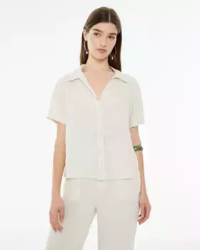 Женская рубашка из 100% льна с короткими рукавами и V-образным вырезом System Action, бежевый