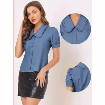Женская рубашка из шамбре с воротником Питера Пэна и короткими рукавами и пуговицами ALLEGRA K, синий