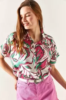 Женская рубашка из смесового льна цвета фуксии зеленого цвета Olalook, разноцветный