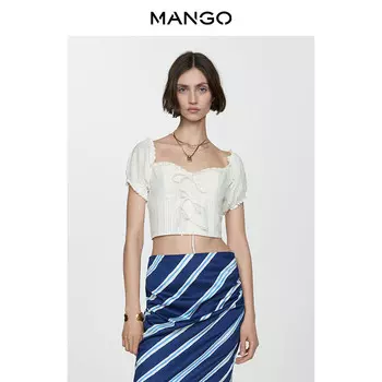 Женская рубашка Mango с пышными рукавами и кружевным бантом, белый