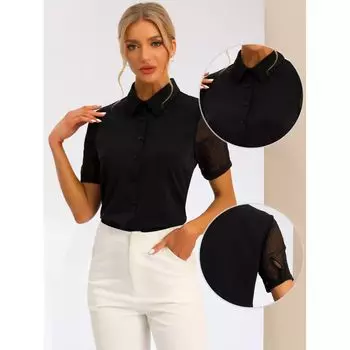 Женская рубашка на пуговицах, прозрачные рабочие топы с короткими рукавами и острым воротником ALLEGRA K, белый