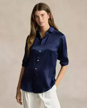Женская рубашка непринужденного стиля из шелка Polo Ralph Lauren, темно-синий