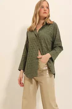 Женская рубашка оверсайз со шнуровкой цвета хаки ALC-X11299 Trend Alaat Stili