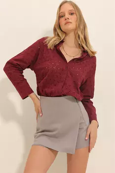 Женская рубашка оверсайз со шнуровкой вишневого цвета ALC-X11299 Trend Alaat Stili, бордовый