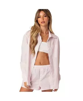 Женская рубашка оверсайз в тонкую полоску на пуговицах Edikted, розовый