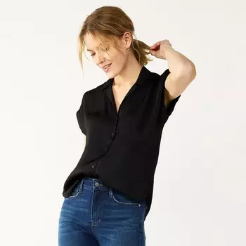Женская рубашка Petite Nine West с короткими рукавами и легкими лацканами, черный