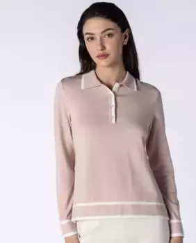 Женская рубашка-поло однотонной вязки с длинными рукавами и контрастной окантовкой Naulover, светло-розовый