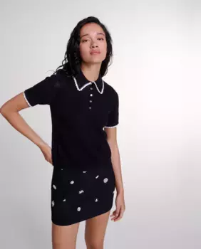 Женская рубашка-поло с короткими рукавами ажурной вязки Maje, черный