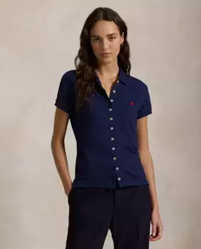 Женская рубашка-поло с короткими рукавами и застежкой на пуговицы Polo Ralph Lauren, тёмно-синий