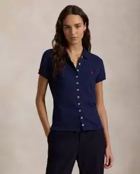 Женская рубашка-поло с короткими рукавами на пуговицах Polo Ralph Lauren, темно-синий