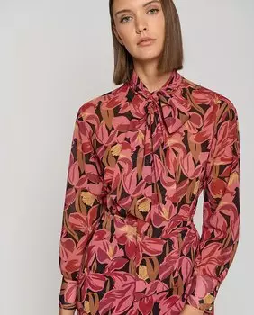 Женская рубашка с длинным рукавом и большим бантом из крепа Жоржет с цветочным принтом Roberto Verino, баклажан
