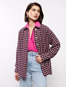 Женская рубашка с длинным рукавом с рисунком и застежкой на пуговицы спереди LCW Vision, плед фуксия