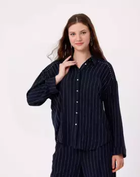 Женская рубашка с длинными рукавами и воротником с лацканами Naf Naf, темно-синий