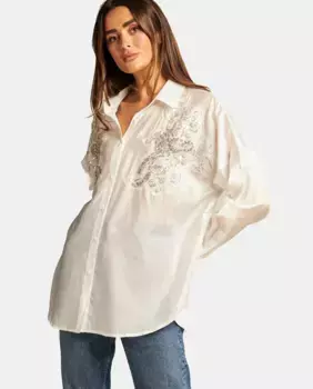 Женская рубашка с длинными рукавами, расшитая стразами и бисером Alma en Pena, белый