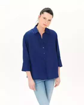 Женская рубашка с французскими рукавами из 100% льна Caroll, тёмно-синий