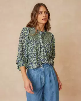 Женская рубашка с круглым вырезом и объемными рукавами Indi & Cold, темно-зеленый