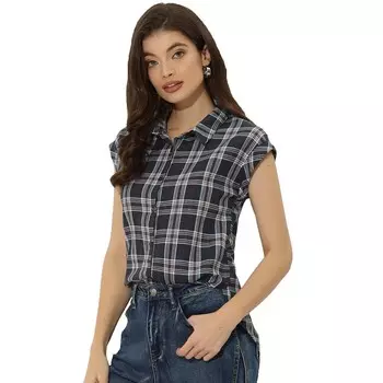 Женская рубашка с острым воротником и короткими рукавами в клетку на пуговицах ALLEGRA K, цвет Navy Blue