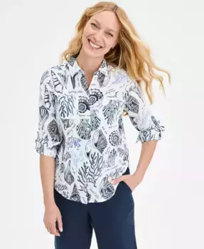 Женская рубашка с принтом из 100% льна с манжетами на пуговицах Charter Club, белый