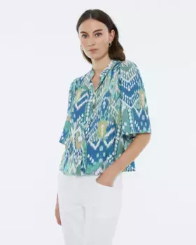 Женская рубашка с принтом, воротником-стойкой и короткими рукавами Andam, синий