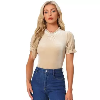 Женская рубашка с рюшами и воротником, бархатная блузка с коротким рукавом ALLEGRA K, цвет Khaki