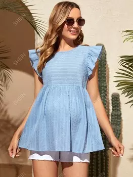 Женская рубашка с рюшами, круглые точки, рукава с рюшами Shein, синий