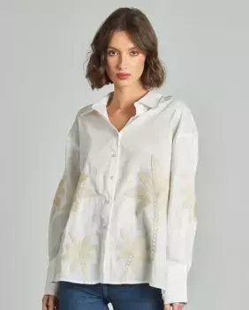 Женская рубашка с V-образным вырезом, длинными рукавами и вышитыми деталями Alma en Pena, бежевый