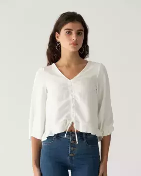 Женская рубашка с V-образным вырезом и расклешенными французскими рукавами Noon, белый