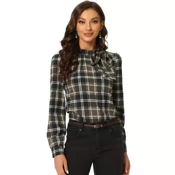 Женская рубашка в клетку с галстуком-бабочкой и галстуком-бабочкой Топы для офисной работы Блузки ALLEGRA K, цвет Brown Black