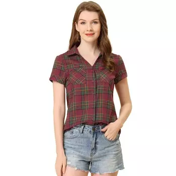 Женская рубашка в клетку с короткими рукавами на пуговицах спереди и бойфрендом ALLEGRA K, цвет Red Green