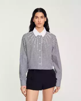 Женская рубашка в клетку со стразами Sandro, черный