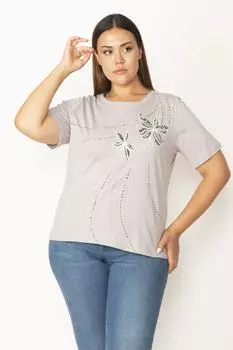 Женская серая блузка большого размера из хлопчатобумажной ткани с короткими рукавами и принтом спереди, 65n27881 ans, серый