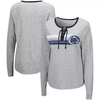 Женская серая футболка Colosseum Heathered Penn State Nittany Lions Sundial Tri-Blend со шнуровкой и длинными рукавами Colosseum