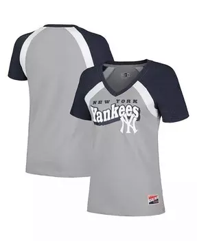 Женская серая футболка New York Yankees с принтом реглан и v-образным вырезом New Era, серый