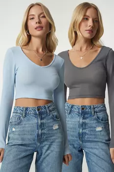 Женская серая голубая укороченная блузка из двух предметов с v-образным вырезом Happiness stanbul, серый