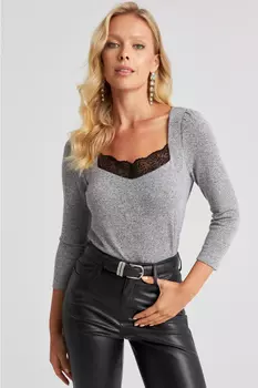 Женская серая кружевная блузка с квадратным воротником Cool & Sexy, серый