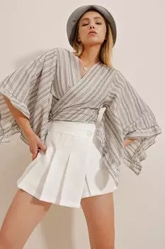Женская серая льняная укороченная блузка с рукавами в полоску с рюшами Trend Alaat Stili, серый