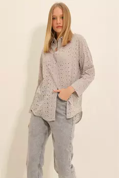 Женская серая рубашка оверсайз со шнуровкой ALC-X11299 Trend Alaat Stili, серый
