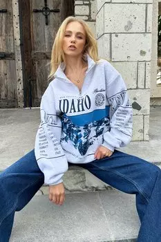 Женская серая толстовка оверсайз на молнии спереди с трехниточным принтом ALC-X11176 Trend Alaat Stili, серый