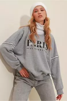 Женская серая толстовка с круглым вырезом с 3-ниточным принтом ALC-X9511 Trend Alaat Stili, серый