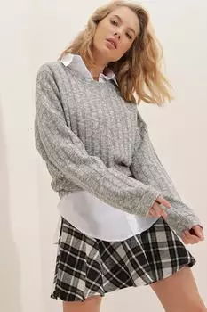 Женская серая укороченная блузка на бретельках с круглым вырезом Trend Alaat Stili, серый