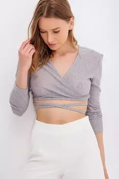 Женская серая укороченная блузка с двубортным воротником и завязками Trend Alaat Stili, серый