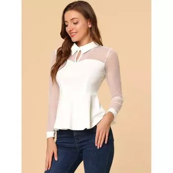 Женская сетчатая прозрачная блузка с длинными рукавами, топ с баской и отложным воротником ALLEGRA K, черный