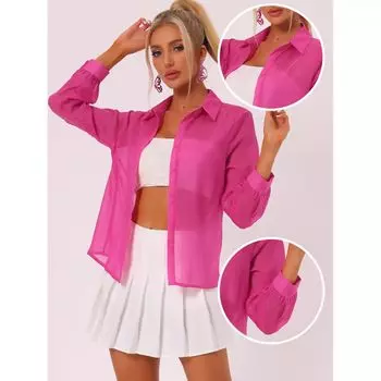 Женская сетчатая прозрачная рубашка с острым воротником и длинными рукавами на пуговицах ALLEGRA K, черный