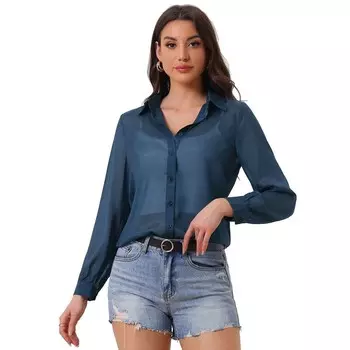 Женская сетчатая прозрачная рубашка с острым воротником и длинными рукавами на пуговицах ALLEGRA K, цвет Dark Blue